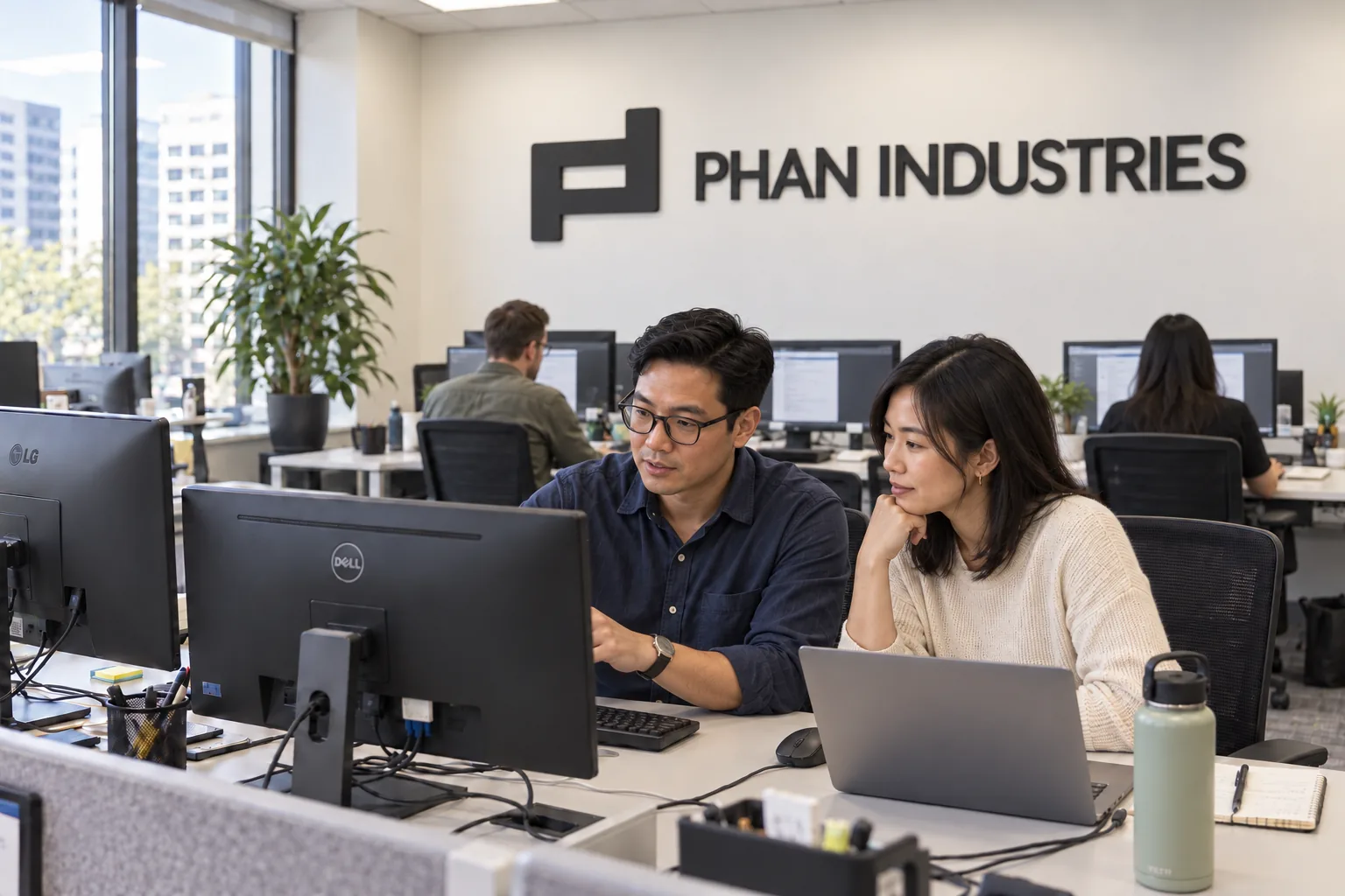 Hình minh họa văn phòng tạo bằng AI với logo Phan Industries; không phải ảnh nhân viên thực tế